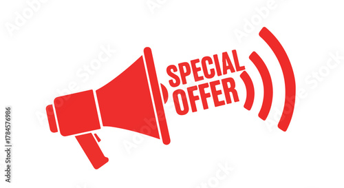 Vibrant Red Megaphone Graphic Emitting Sound Waves, Broadcasting a Special Offer Announcement for Promotions and Marketing