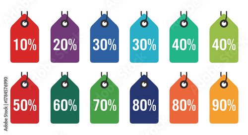 Set of colorful sale price tags showing various discount percentages for retail promotions, vector illustration concept