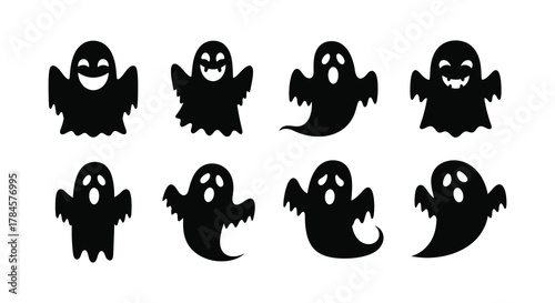 Eight spooky ghost silhouettes arranged neatly in two rows
