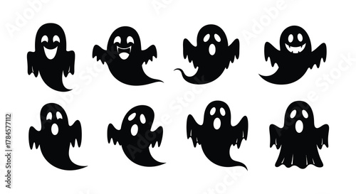 Eight spooky ghost silhouettes arranged neatly in two rows