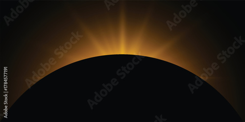 Dark planet eclipse concept. Abstract glowing sunrise in dark space. Earth horizon halo illustration. Vector planet design