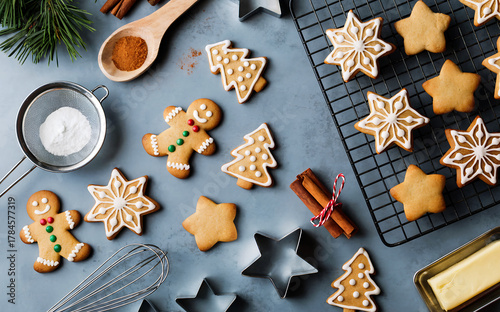 Overhead shot of christmas gingerbread cookies and sugar cookies with royal icing, arranged with baking tools on a gray surface, top view christmas