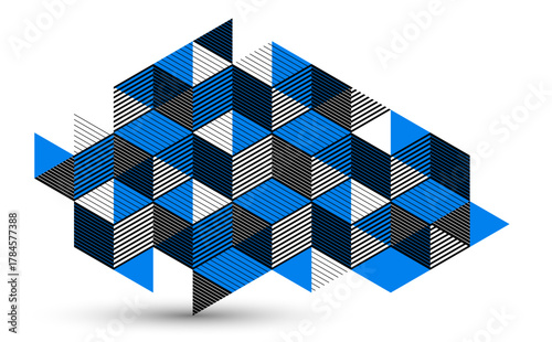 Abstract vector wallpaper with 3D isometric cubes blocks, geometric construction with blocks shapes and forms, op art low poly theme.