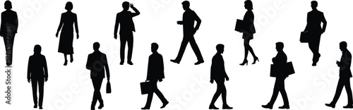 Silhouette business people walking, professional posture icons, black vector art, office attire gestures, cad drawing flat vector illustration