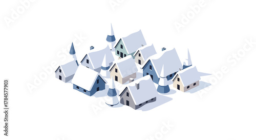 Winter Village Illustration A cluster of snow-covered houses on a white background