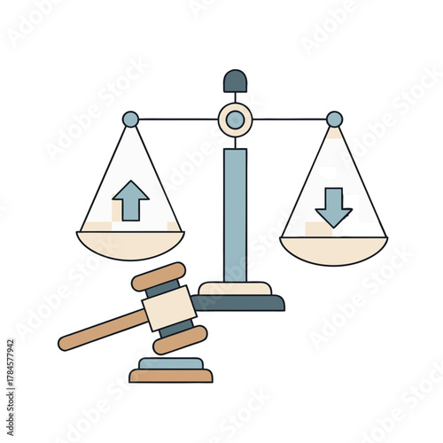 Scales of Justice and Gavel with Up and Down Arrows Representing Legal Decisions and Case Outcomes on a Pastel Background