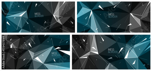 Polygonal broken structure surface made with low poly elements and flying debris particles set, broken mess and chaos concept, dynamic abstraction in dark blue color.