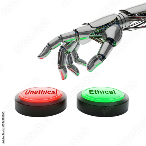 Robot hand choosing between ethical and unethical buttons, isolated on transparent background