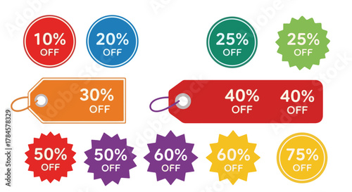 Colorful vector sale tags and promotional discount stickers set. Retail price labels with percentage off. Marketing graphics collection