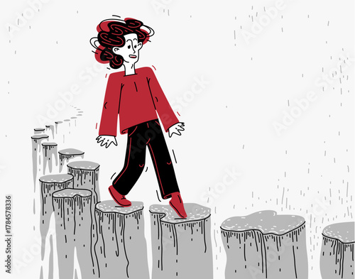 Young man walking a risky path, vector illustration of a guy walks over abyss, hard and dangerous life period concept.