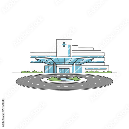 Modern Vector Hospital Building With Clear Lines and Dark Tinted Windows Exterior View Medical Center Entrance Design