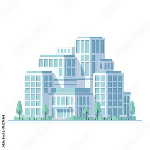 Modern White Hospital Building Vector Illustration With Blue Tinted Windows Surrounded By Green Trees And Benches Under Sunlight