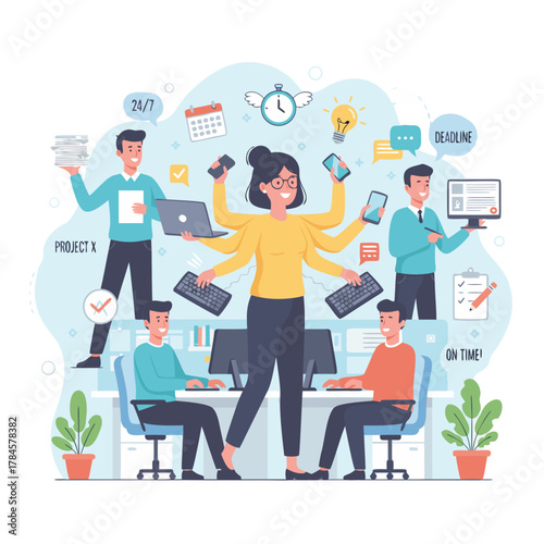Multitasking woman juggles tasks with multiple arms surrounded by team members collaborating on projects in a bright modern office with clocks and calendars symbolizing effective time management