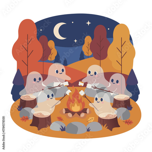 Playful cartoon ghosts gather around a campfire roasting marshmallows in an autumn forest at night with a crescent moon overhead