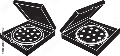 Two open boxes revealing round pizzas with toppings silhouette