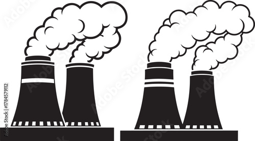 Industrial power plant chimneys emitting smoke silhouette