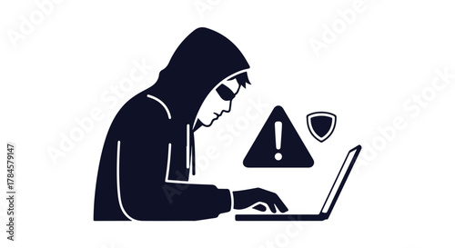 Digital Security Threat Hooded Hacker illustration working on a laptop, depicting online cybercrime, data breach warnings, and cybersecurity concerns with protection symbols