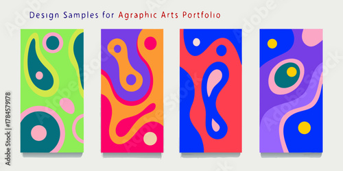 Set of four abstract graphic design samples with organic shapes and vibrant colors for a portfolio
