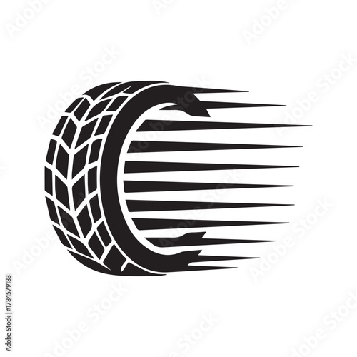 Fast moving tire icon with speed effect. Automotive, car racing, and tire shop logo concept. Black wheel silhouette vector illustration isolated on white background.
