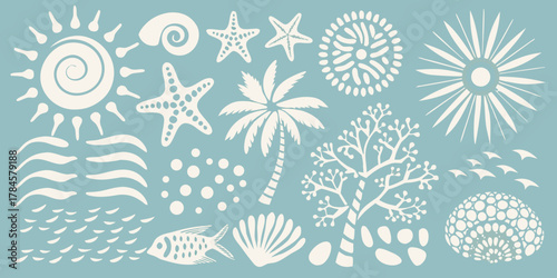 Collection of stylized white beach and ocean elements on a muted blue background