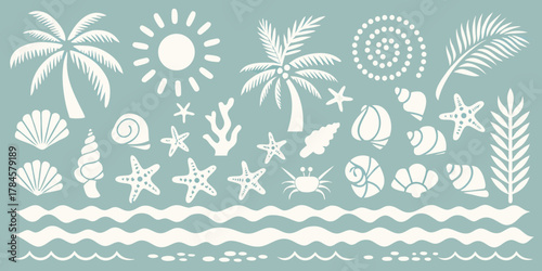 Collection of white tropical beach elements including palm trees seashells starfish crab and sun on blue background