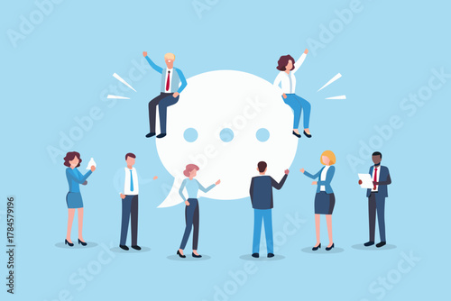 Diverse business people communicate and collaborate around a large speech bubble illustration