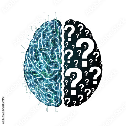 Human brain with circuit and question marks isolated on transparent background