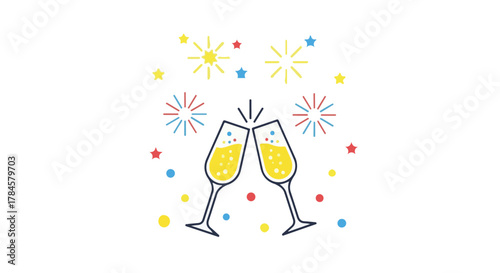 Festive Cheers Two Champagne Glasses Toasting with Colorful Celebratory Explosions for Party Fun 