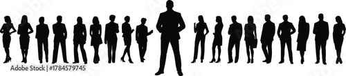 Silhouette business team standing, leadership and hierarchy concept, black vector icons, corporate posture set, cad drawing flat vector illustration