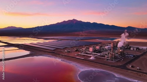 Aerial view of mineral mining evaporation ponds. Industrial landscape with brine pools reflects sunset light. Eco tech for lithium extraction in desert mountains. Critical raw material for electric