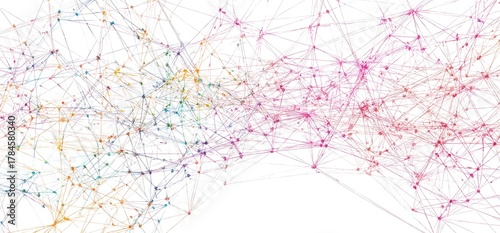 Abstract network graphic.  Multicolored lines and points interconnected, creating a complex, dynamic visual representation of relationships or data flow