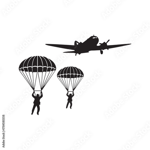 Silhouette of paratroopers jumping from a military transport airplane. Airborne soldiers with parachutes in the sky. Vector illustration for army, war, and skydiving concepts.
