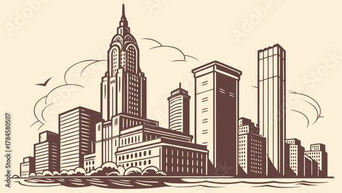 Stunning skyline illustration showcasing iconic buildings, perfect for travel posters, architectural designs, and urban development projects in vintage style