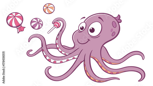 Delightful octopus juggling colorful candies, perfect for children's books or whimsical designs, bringing joy and sweetness to any project with a playful touch