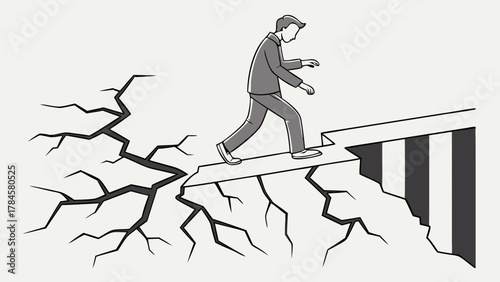 Businessman navigating risk, walking on crumbling edge towards opportunity, illustrating resilience and strategic planning in challenging market conditions