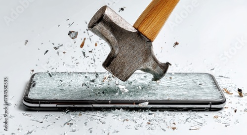 A hammer forcefully shatters a smartphone screen, sending glass shards flying