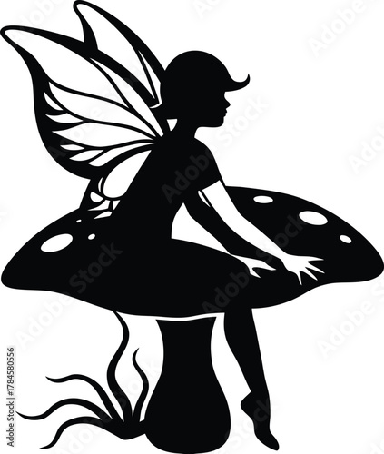 A fairy or pixie silhouette sitting on a mushroom, with detailed wing outlines..