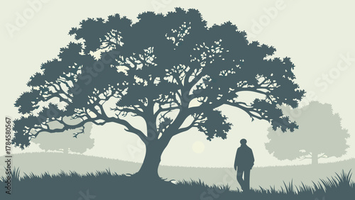 Contemplative walk under peaceful trees, silhouette of a person enjoying nature, calm and serene landscape, promoting mindfulness and outdoor lifestyle