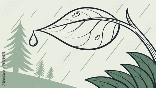 Serene nature scene featuring rain, leaves, and stylized evergreen trees, perfect for eco-conscious brands seeking a calming and organic visual design