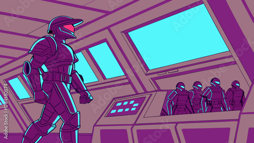 Futuristic warrior stands ready, commanding view from spaceship bridge alongside his team, science fiction adventure, a digital art illustration