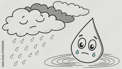 Feeling blue? Sad raindrop character with tearful eyes and gloomy cloud, perfect for expressing emotions or illustrating weather concepts