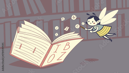 Whimsical fairy sprinkling alphabet magic over a captivating storybook, opening up worlds of imagination and learning in a charming, creative way