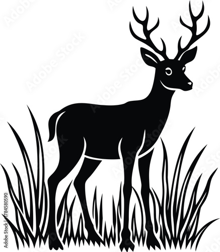 A lone deer (stag) silhouette standing still in a field of tall grass.