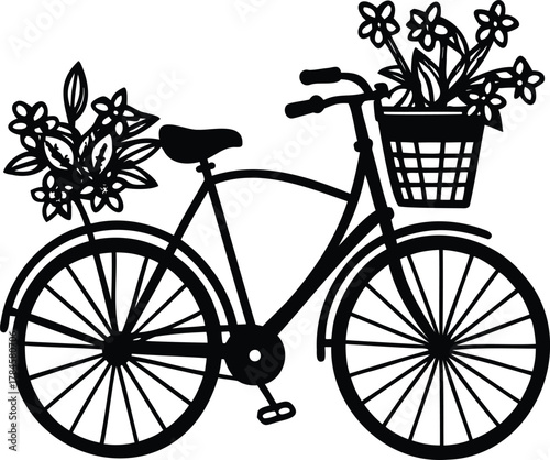 A vintage bicycle silhouette with an overflowing basket of flowers..