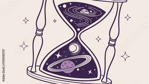 Dreamy hourglass with galaxy and planets, a stunning celestial design for space lovers, perfect for posters, t-shirts, and creative projects with a vintage vibe
