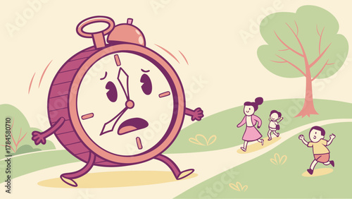 Urgent cartoon clock character chasing kids in park, deadline reminder, time management concept, schedule pressure, childhood fun, playful design