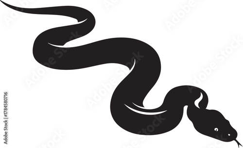 Silhouette of a black snake with a forked tongue extended gracefully slithering