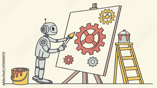 Whimsical robot artist creating gear art masterpiece on canvas, a playful blend of technology and creativity in a charming, vector-inspired style