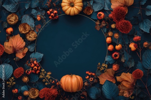 Autumnal circle frame.  Dark background encircled by colorful fall foliage, pumpkins, berries, and flowers