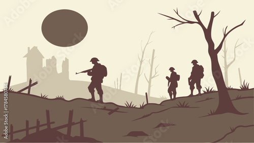 Poignant silhouette illustration honoring military service and historical sacrifice, perfect for remembrance day and veteran's day tributes in war memorial designs